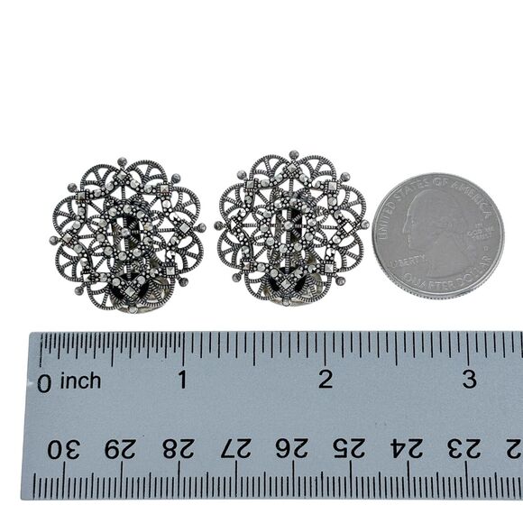 Vintage Thailand SLC Sterling Silver 925 Geometric Marcasite Clip On Earrings - Picture 5 of 5